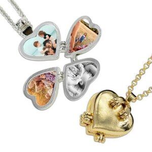 2Pcs Charming Folding Heart Locket Necklace 4 Leaf Clover Pendant